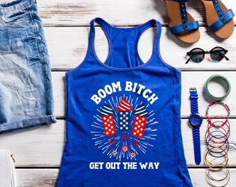 Camiseta sin mangas del 4 de julio para mujer, camisetas sin mangas divertidas del 4 de julio, camisetas sin mangas patrióticas para mujer, camisetas sin mangas del 4 de julio para mujer, boom bitch