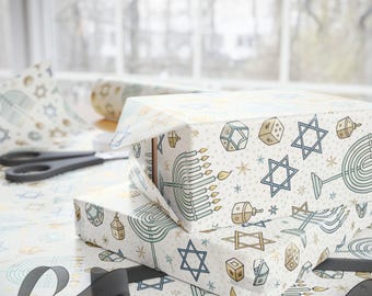 Hanukkah Gift Wrap, Blue and White Chanukkah Wrapping Paper Roll, Menorah Dreidel Holiday Wrapping Paper For Jewish Festival of Lights