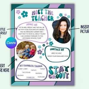 Editable Meet The Teacher Newsletter, Groovy Printable Back To School Flyer, All About My Teacher, First Day Of School Canva Template