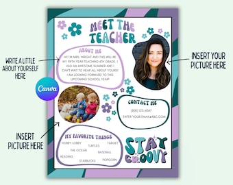 Editable Meet The Teacher Newsletter, Groovy Printable Back To School Flyer, All About My Teacher, First Day Of School Canva Template