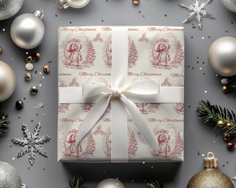 May include: A wrapped gift with a white ribbon, featuring a festive pattern with a Santa Claus illustration and the words "Merry Christmas." The gift is surrounded by Christmas ornaments and decorations.