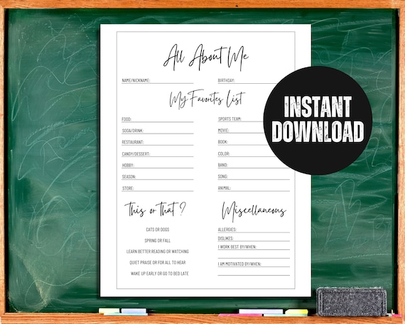 All About Me Worksheet Middle School High School For Teachers Adults New Employee Printable Survey Template For Student Classroom Gift Ideas