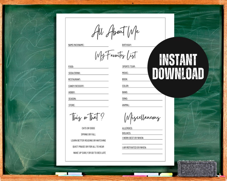 all about me worksheet middle school