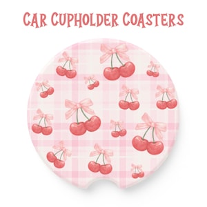 Car Accessories Cherry Cupholder Coaster, Girly Car Coaster Drink Coaster Set, Pink Gingham Coquette Bow Adult Stocking Stuffer Gift For Her