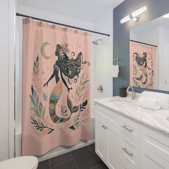 Mermaid Shower Curtain, Whimsical Bohemian Mermaidcore Bath Decor, Oceancore Washable Fun Artistic Funky Zen Boho Shower Curtain