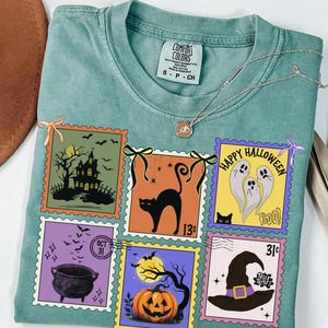 Komfort Farben Retro Halloween Shirt Frauen Kokette Bogen, gruselige Herbst Vibes Tshirt, Vintage schwarze Katze Kürbis Geist Hexe T-shirt, Lowkey Tee