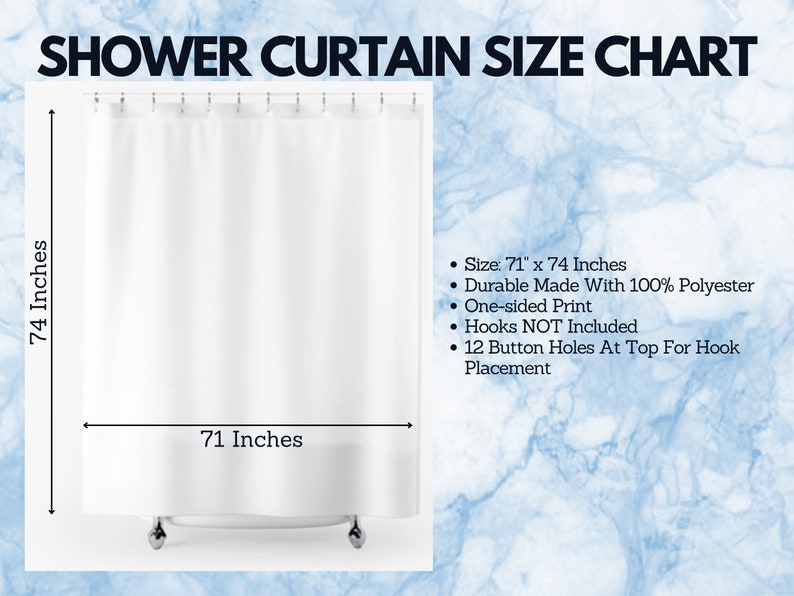 K&ouml;nnte beinhalten: Ein wei&szlig;er Duschvorhang mit den Ma&szlig;en 180 x 188 cm, vor einem hellblauen Hintergrund. Der Text "SHOWER CURTAIN SIZE CHART" ist zu sehen. Er besteht aus 100 % Polyester und hat 12 Knopfl&ouml;cher.