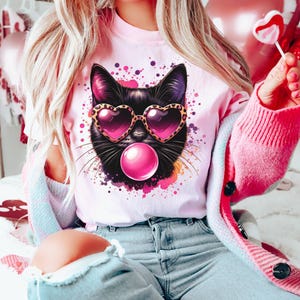 Black Cat Blowing Bubblegum Shirt, Feral Cat Face With Sunglasses Pink Bubble Gum Tshirt, Funny Cat Meme T-Shirt, Trendy Cat Valentine Shirt