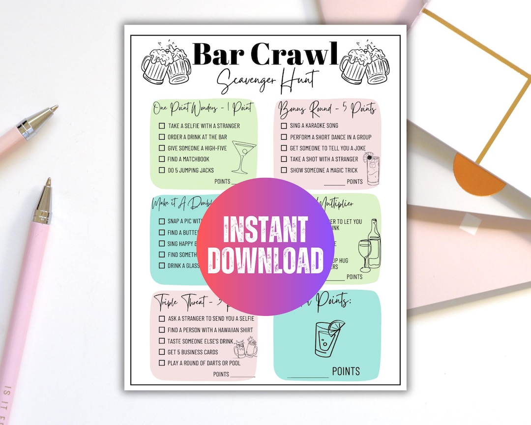 Bar Crawl Scavenger Hunt Printable, Bachelor Bachelorette 21st Birthday