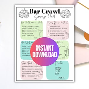 Op de afbeelding: Een printbaar bar crawl-speurtocht spel met een roze, groene en blauwe kleurstelling. Het spel bevat uitdagingen zoals het maken van een selfie met een vreemde, karaoke zingen en het vinden van een luciferdoosje.