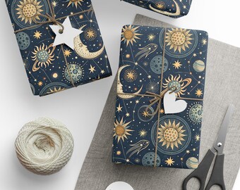 Astrology Wrapping Paper Roll, Celestial Sun And Moon, Birthday Gift Wrap, Astronomy Space Christmas Holiday, Boho Mystical Galaxy Wrap