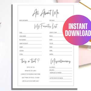 All About Me Coworker Questions Printable Getting To Know You Get To Know My Team Survey My Favorite Things List Employee Worksheet Template