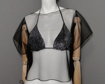 Short loose black mesh blouse. Black mesh top. Gothic tulle top. Transparent crop shirt. Sheer Extravagant wedding cape. Oversized cover up.