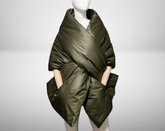 Cape Around Shoulders Wrap with 2 pockets. Woman's Large Scarf Puffer 20x80in. Quilted blanket shawl. Warm winter puffer jacket, more colors