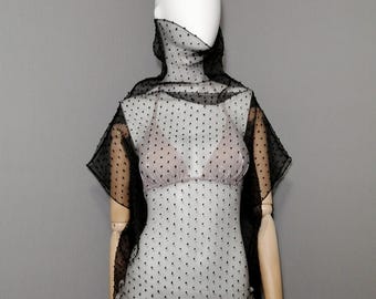 High Neck Blouse made of crinkled organza Black dot. Transparent sleeveless shirt. Sheer Elegant woman's top. Special cover up.