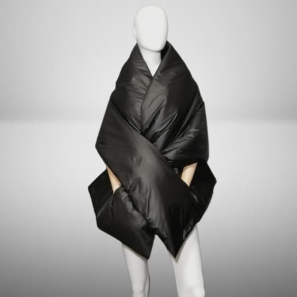 Black Cape Around Shoulders Wrap with 2 pockets 20x80 in. Woman's Large Puffer Shawl-Vest  Quilted blanket cloak. Warm winter puffer jacket.