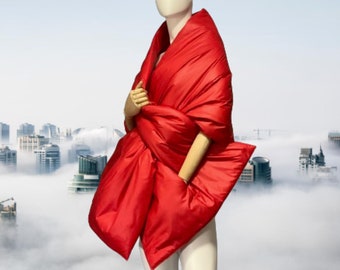 Red Large scarf puffer with 2 pockets 20x80in. Winter quilted Quaint shawl. Cape around shoulders wrap. Warm padded stole. Down puffy cloak.
