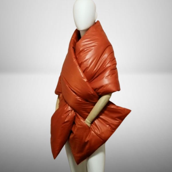 Cape Around Shoulders Wrap with 2 pockets 20x80 in. Woman's Large Puffer Shawl-Vest  Quilted blanket cloak. Warm winter puffer jacket.