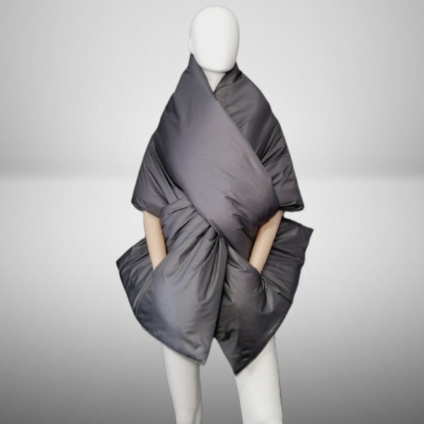 Long wide Scarf Puffer 20x80 inch with 2 pocket. Cape around shoulders wrap. Winter quilted shawl. Warm padded scarf. Down puffy scarves.