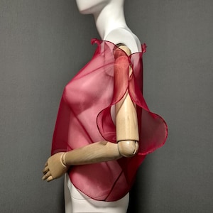 Overlay Blouse made of organza Red Cherry color. Romantic Transparent sleeveless shirt. Sheer Elegant woman&#39;s see top. Special cover up.