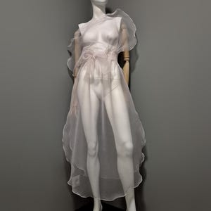 May include: A sheer, light pink dress on a mannequin. The dress features a ruffled, asymmetrical neckline and a flowing skirt. The fabric appears delicate and airy, with a subtle sheen. The dress is designed with a cinched waist and a layered skirt.