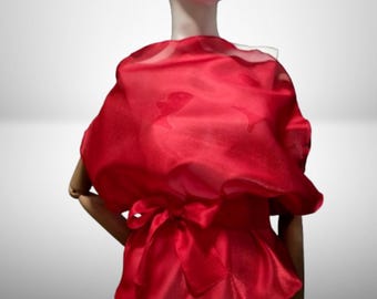 Red Belted Bias cut Blouse made of translucent flowing organza. Transparent sleeveless shirt. Sheer Elegant woman's top. Special cover up.