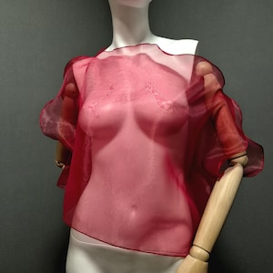 Overlay Blouse made of organza Red Cherry color. Romantic Transparent sleeveless shirt. Sheer Elegant woman&#39;s see top. Special cover up.
