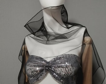 Black mesh tulle top with high collar. High neck gothic blouse. Transparent special shirt. Sheer evening cape. See through clothing unisex.