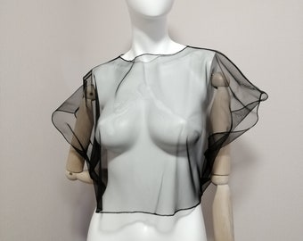 Short loose black mesh blouse. Black mesh top. Gothic tulle top. Transparent crop shirt. Sheer Extravagant wedding cape. Oversized cover up.