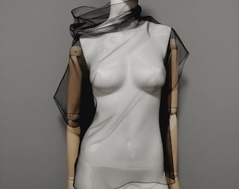 Black mesh tulle top with high collar. High neck gothic blouse. Transparent special shirt. Sheer evening cape. See through clothing unisex.