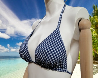 Plaid two sided blue-white bra. Open back lace up cotton summer top. Triangle gingham halter top for women and girls.