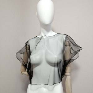 Short loose black mesh blouse. Black mesh top. Gothic tulle top. Transparent crop shirt. Sheer Extravagant wedding cape. Oversized cover up.