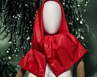 Red Warm Hooded Scarf. Women's Quilted Headscarf. Large Puffer Cowl. Waterproof Kerchief.