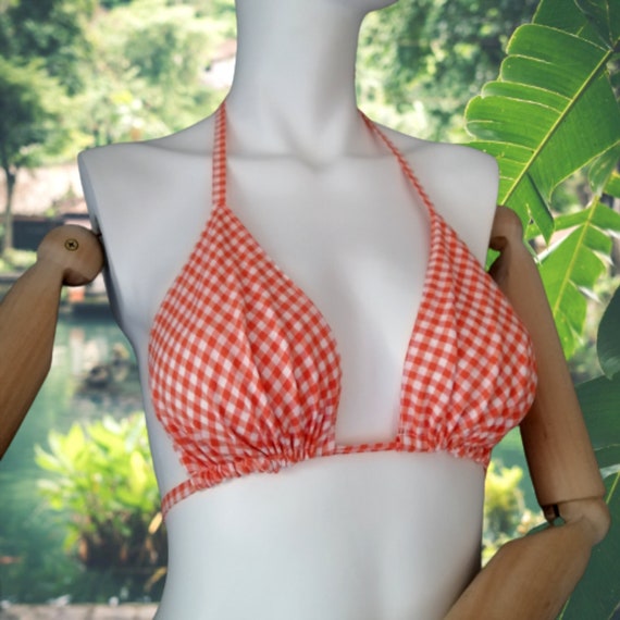 Halter Plaid Top. Open Back Lace up Summer Top. Two Sided Orange-white  Gingham Triangle Bra for Women and Girls. Tie Back Top. 