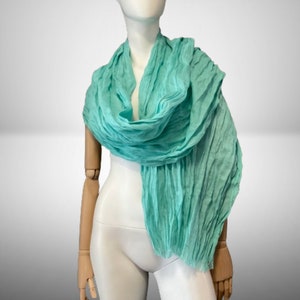 Turquoise Linen Scarf, Pure Linen Scarf, Gift for mother. Bohemian style scarf from crumpled flax 78x25 inches.