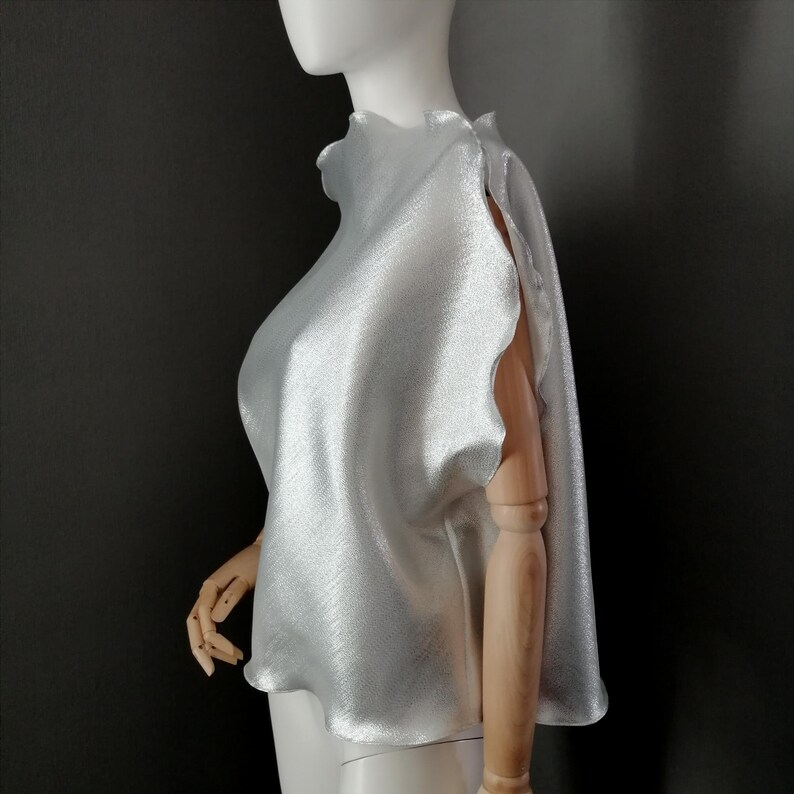 May include: A silver, shimmery top with a high neck and ruffled edges. The top has a loose, flowing fit and is sleeveless.