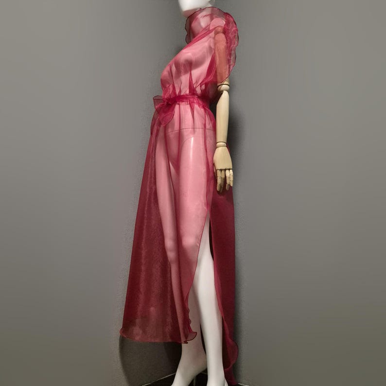 May include: A sheer, burgundy-colored dress on a mannequin. The dress features a high collar, short sleeves, and a flowing skirt with a high slit. The fabric appears lightweight and delicate, with a subtle sheen.