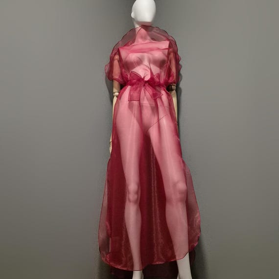 Sheer Red Cherry Organza Belted Dress. Romantic Sleeveless Tunic Cover-Up