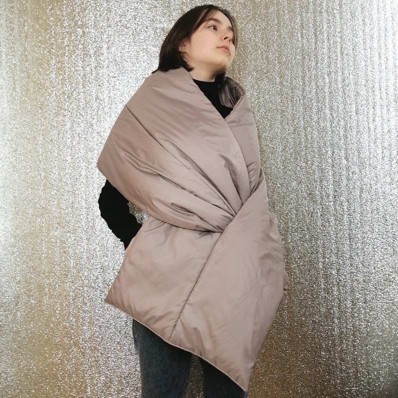 Long Wide Scarf Puffer With 2 Pockets. Cape Around Shoulders Wrap