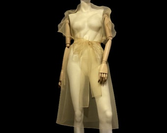 Vestido superpuesto transparente con cinturón, confeccionado en organza arrugada de color beige oscuro. Túnica transparente sin mangas. Elegante prenda especial para mujer.