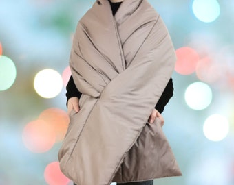 Long wide Scarf Puffer with 2 pockets. Cape around shoulders wrap. Winter quilted shawl. Warm padded scarf. Down puffy scarves.