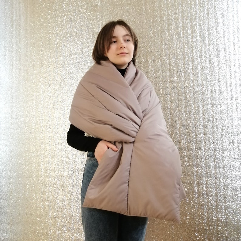 Long Wide Scarf Puffer With 2 Pockets. Cape Around Shoulders Wrap