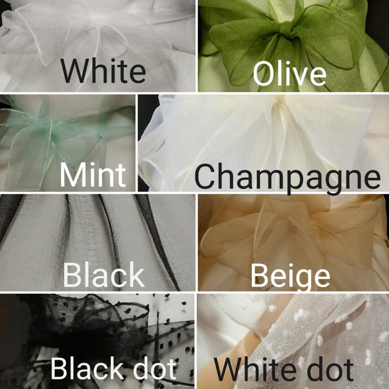 Puede incluir: Un collage de lazos de tela en varios colores. Los colores incluyen blanco, oliva, menta, champ&aacute;n, negro, beige, lunares negros y lunares blancos. Cada lazo est&aacute; etiquetado con su nombre de color.