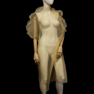Puede incluir: Una prenda transparente de estilo capa beige con mangas con volantes y un dise&ntilde;o fluido hasta la rodilla. La tela parece ligera y aireada, drapeada sobre un maniqu&iacute; sobre un fondo negro. La capa tiene un cuello alto y un brillo sutil.