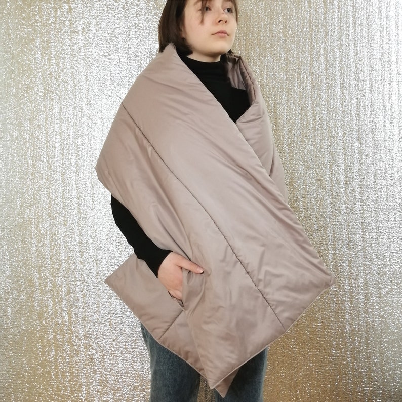 Long Wide Scarf Puffer With 2 Pockets. Cape Around Shoulders Wrap