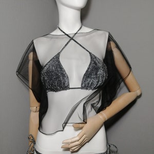 Short loose black mesh blouse. Black mesh top. Gothic tulle top. Transparent crop shirt. Sheer Extravagant wedding cape. Oversized cover up.
