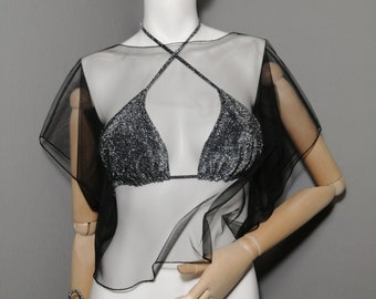 Short loose black mesh blouse. Black mesh top. Gothic tulle top. Transparent crop shirt. Sheer Extravagant wedding cape. Oversized cover up.
