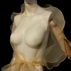 Puede incluir: Una capa beige transparente con volantes drapeada sobre un maniqu&iacute;. La capa tiene un dise&ntilde;o fluido y en capas con un lazo en la cintura. El maniqu&iacute; es de color neutro y el fondo es negro.