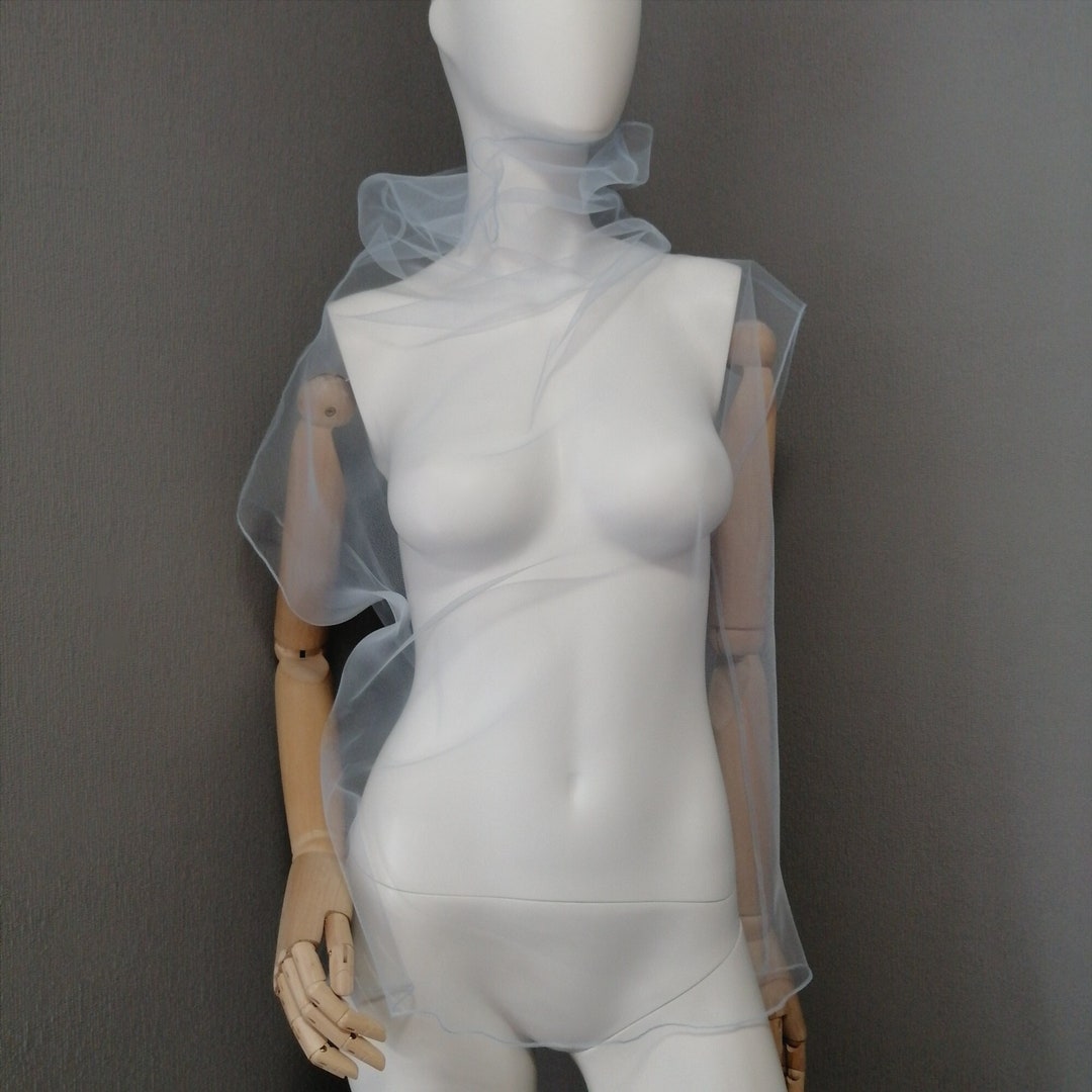 Blue Mesh Tulle Top With High Collar. Overlay High Neck Blouse ...