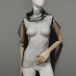 Black mesh tulle top with high collar. High neck gothic blouse. Transparent special shirt. Sheer evening cape. See through clothing unisex.